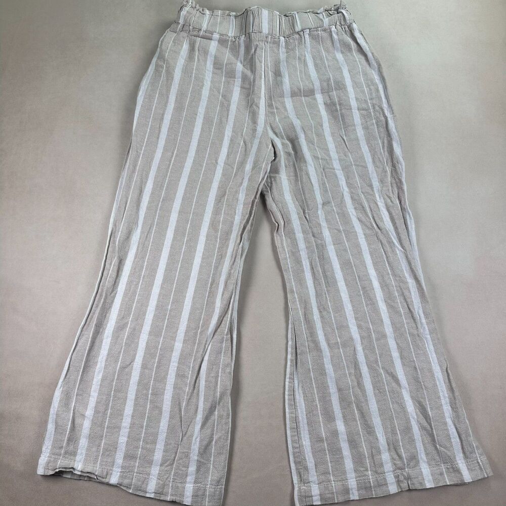 April Kiss Womens L Linen Blend Wide Leg Crop Pants Beige White Stripe Pull On